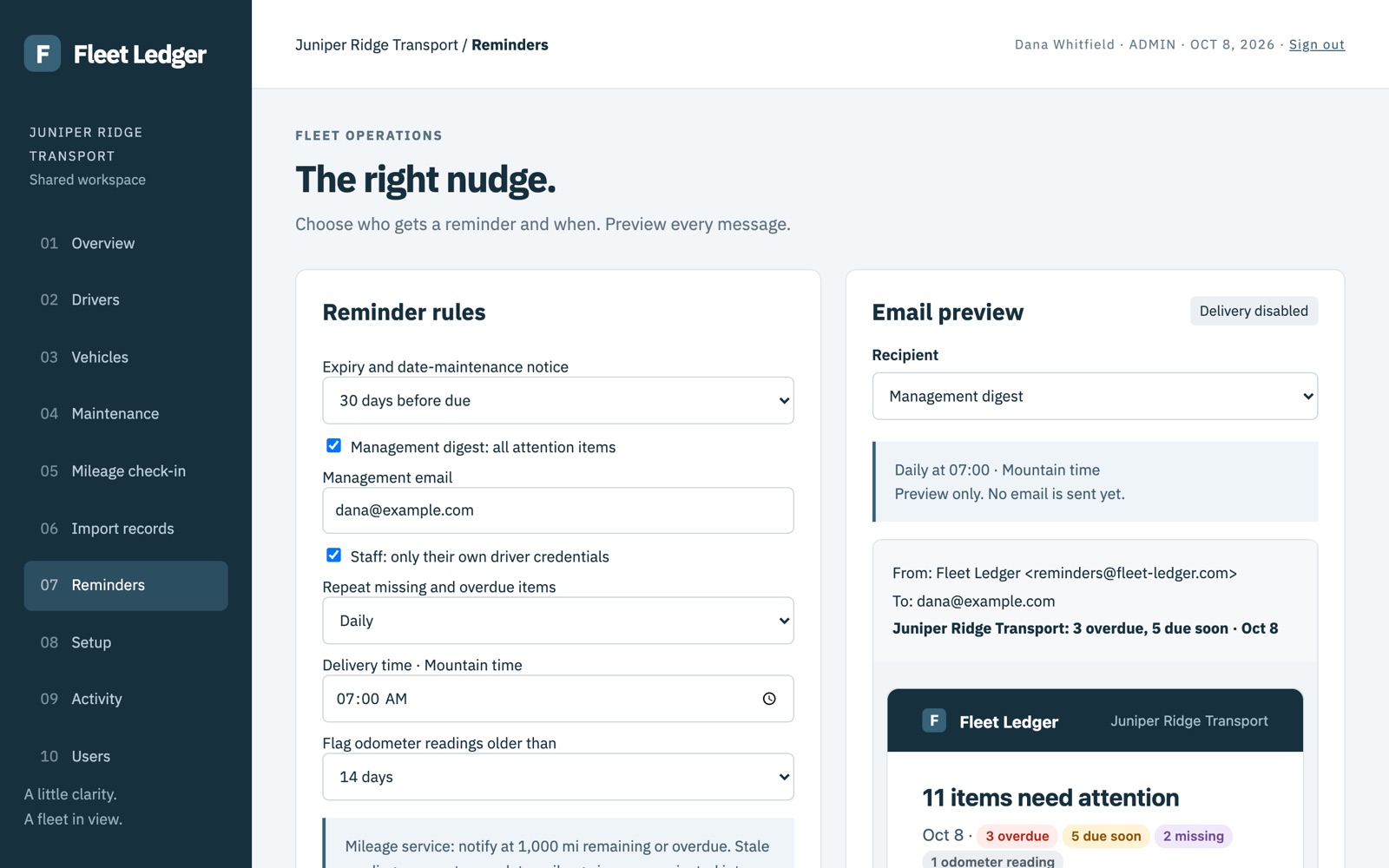 Reminder settings next to a preview of the management digest email